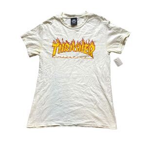 Thrasher Shirt Small Beige Magazine Flame Spell Out Skateboard Streetwear Mens